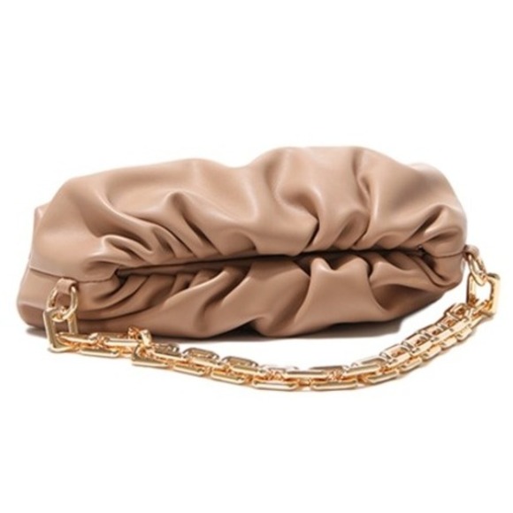 Chic Ruched Clutch Handbag Gold Chain Strap Faux Leather Tan - Picture 4 of 7